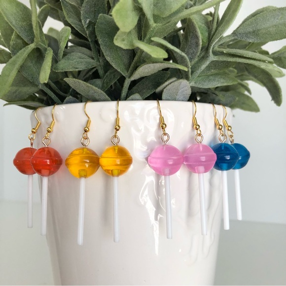New Resin Lollipop Sucker Dangling Handmade Statement Novelty Earrings Yellow - Picture 3 of 6